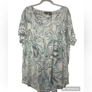 NEW Tahari 100% Linen Floral Shirt Sleeve Blue & White Top 1X